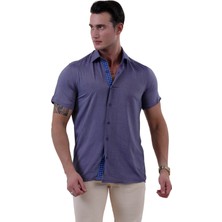 Exve Exclusive Lacivert Yıkamalı Kot Görünümlü 100% Pamuk Yazlık Slim Fit Kısa Kollu Gömlek