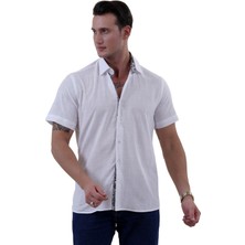 Exve Exclusive Beyaz Flamlı Keten Siyah Şal Desen Yaka ve Garni Detaylı Slim Fit Kısa Kollu Gömlek