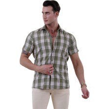 Exve Exclusive Yeşil Bordo Beyaz Ekose Kareli Slim Fit Kısa Kollu Yazlık Gömlek