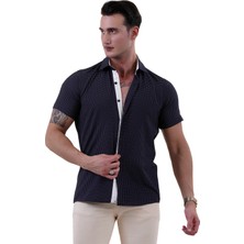 Exve Exclusive Lacivert Üzeri Beyaz Geometrik Desenli Pamuk Slim Fit Kısa Kollu Yazlık Gömlek