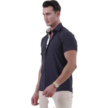Exve Exclusive Lacivert Üzeri Beyaz Geometrik Desenli Pamuk Slim Fit Kısa Kollu Yazlık Gömlek