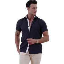 Exve Exclusive Lacivert Üzeri Beyaz Geometrik Desenli Pamuk Slim Fit Kısa Kollu Yazlık Gömlek