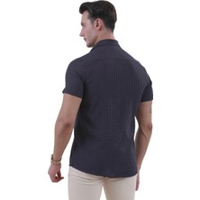 Exve Exclusive Lacivert Üzeri Beyaz Geometrik Desenli Pamuk Slim Fit Kısa Kollu Yazlık Gömlek