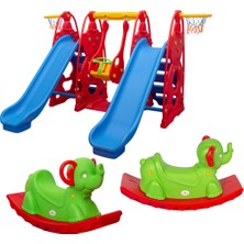 2 Kaydırak 1 Salıncak + 2 Sallanan Fil - Çocuk Oyun Parkı Seti - Anaokulu & Kreş Eğlencesi
