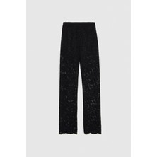 Sisley Yün Karışımlı Yüksek Bel Dantel Efektli Pantolon Kadın Siyah T-Shirt - 323A48C6LF03W