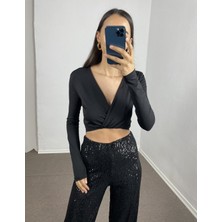 Myrum Butik Siyah Beli Lastikli Kısa Bluz L