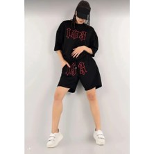 La Cattelea Unisex Nakış Işlemeli Şort Takım - Siyah