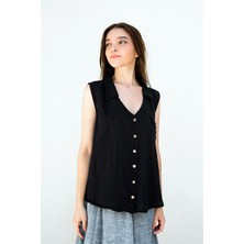 Gils Butik Siyah Yelek Model Keten Gömlek