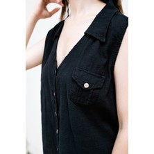 Gils Butik Siyah Yelek Model Keten Gömlek