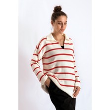 Gils Butik Kırmızı Çizgili V Yaka Kazak