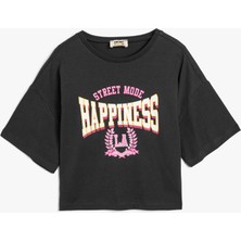 Koton Crop Tişört Kısa Kollu Bisiklet Yaka Slogan Baskılı Pamuklu