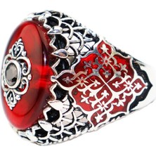 Pigado 925 Ayar Gümüş Kırmızı Mineli Özel Motifli Erkek Yüzük