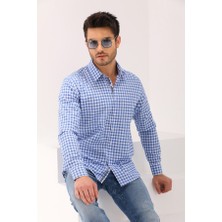 Catto Peak Mavi Ekose Kareli Şeritli Regular Erkek Gömlek