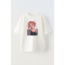 Nmg Tekstil  Beyaz Oversize Pamuk Kıvırcık Pembe Gözlüklü Kadın Baskılı Örme T-Shirt