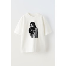 Nmg Tekstil  Beyaz Oversize Pamuk Anime Boksör Kız Baskılı Örme T-Shirt