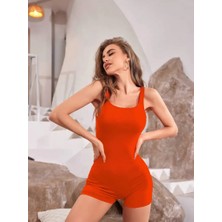 Amoricgiyim Kadın Kare Yaka Sırt Dekolte Detay Dalgıç Bodycon Mini Tulum