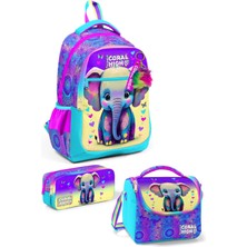 Coral High Kids Pembe Turkuaz Fil Desenli 3’lü Okul Çanta Seti SET0123650