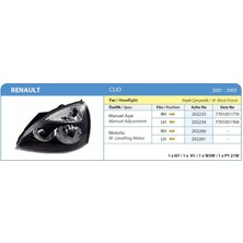 Ayfar Renault Clio Ön Sol Far Lambası 2001-2005 Arası Siyah Çerçeveli 7701054058 7701057654 FAR-202234