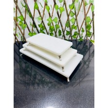 Seçilir Farklı Boyda 3 Adet Gümüş Renk Ayaklı Doğal Düz Beyaz Mermer Sunum Servis Seti