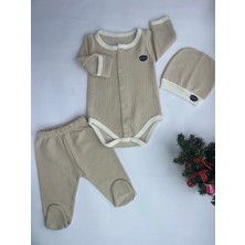 Misimosi Baby Özel Üçlü Set 1-3 Ay Penye Çıtçıtlı Badi Patikli Don Şapka Kiremit Rengi/krem Rengi