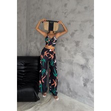 Ded Collection Kadın Yazlık Çiçek Desenli Üstü Bağlama Detaylı Crop Pantolon Bürümcük Kumaş Ikili Takım