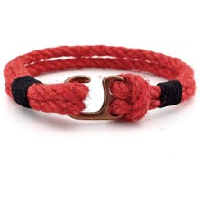 Solfera Kırmızı Halat Siyah Örgü Bakır Renkli Metal Kancalı Erkek Bileklik M055C