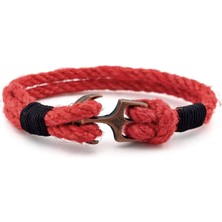 Solfera Kırmızı Halat Siyah Örgü Bakır Renk Metal Çapa Denizci Erkek Bileklik M056D