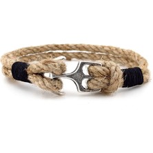 Solfera Bej Halat Siyah Örgü Metal Çapa Denizci Erkek Bileklik M058A