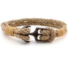 Solfera Bej Halat Krem Rengi Örgü Bronz Renk Metal Çapa Denizci Erkek Bileklik M058C