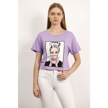 Lila Gabria Baskılı Yan Yırtmaçlı T-Shirt