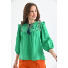 Parkkaron Kadın Uzun Kol Bağlama Detay Nakışlı Salaş Bluz