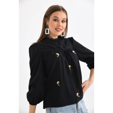 Parkkaron Kadın Uzun Kol Güpür Detay Nakışlı Keten Bluz