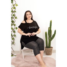 Truva Xxl Truvaxxl Büyük Beden Kadın Giyim Tek Omuz Detay Puantiyeli Kapri Takım Siyah P10696