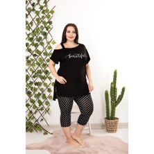 Truva Xxl Truvaxxl Büyük Beden Kadın Giyim Tek Omuz Detay Puantiyeli Kapri Takım Siyah P10696