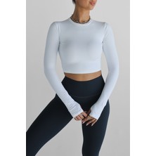 Oceans Butik Beyaz Darkalıp Parmak Geçmeli Spor Body Crop Bluz