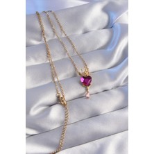 Clariss 316L Çelik Zincir Gold Renk Fuşya Zirkon Taşlı Damla Detay Rapunzel Model Kolye