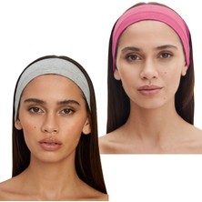 Salvia Dione 2'li Pamuklu Esnek Yoga Bandana Koşu Bandı Saç Bantları Gym Pilates Saç Bandı - Makyaj Yüz Yıkama Saç Aksesuarları - Sporcu Saç Bandı Seti Pembe & Gri Melanj