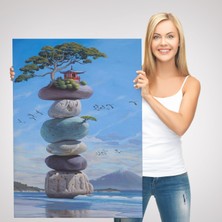 Acoula   Sahilde Renkli Denge Taşları, Meditasyon, Yoga, Spiritüel Baskı Kanvas TABLO-5239