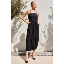 Bigdart 2492 Askılı Örme Salopet Elbise - Siyah