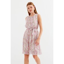 Bigdart 2501 Desenli Sıfır Kol Şifon Elbise - Pembe