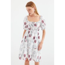 Bigdart 2508 Desenli Mini Kloş Elbise - Ekru