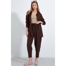 Bigdart Kadın Kahverengi Oversize Keten Alt Üst Takım 6622