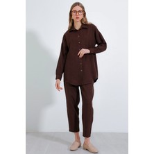 Bigdart Kadın Kahverengi Oversize Keten Alt Üst Takım 6622