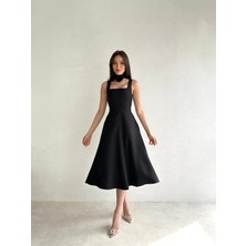 Zishan Fashion Kadın Kare Yaka Midi Boy Kalın Askı Tasarımlı Siyah Kloş Elbise 151