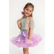 Le Mabelle Çok Renkli  Yıldız Baskılı Kız Çocuk Tül Crop