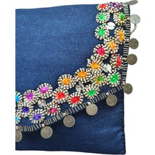 Vertiginoso Lacivert Kot Kumaş Boncuk Işlemeli Kadın Portföy Clutch El Kol Omuz Çantası