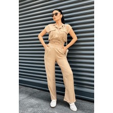 Giyimmasalı Tensel Keten Kumas Pantolon Crop Takım  - Kahverengi