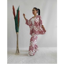 İpli Pembe Renk Desenli Ikili Kimono Takım (Rahat Kalıp)