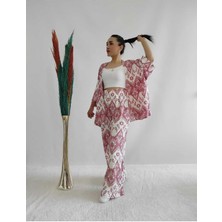 İpli Pembe Renk Desenli Ikili Kimono Takım (Rahat Kalıp)