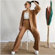 İpli Latte Renk Cep Detaylı Bol Paça Kimono Takım